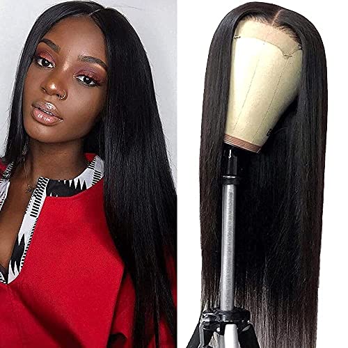 Straight 4x4 Lace Closure Wigs 100% Unprocessed Brazilian Virgin Human Hair for Black Women 8A Glueless Lace Front Wig 130% Density Pre Plucked Hairline with Baby Hair Natural Color (16 Inches)