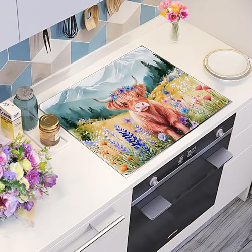 Image of Highland Cow Stove Top Cover for Electric Stove, Highland Cows Range Covers, Flower Range Top Mats, Glass Cooktop Covers 28x20 inch, Cute Animal Spring Cooktop Cover for Kitchen Holiday Home Decor