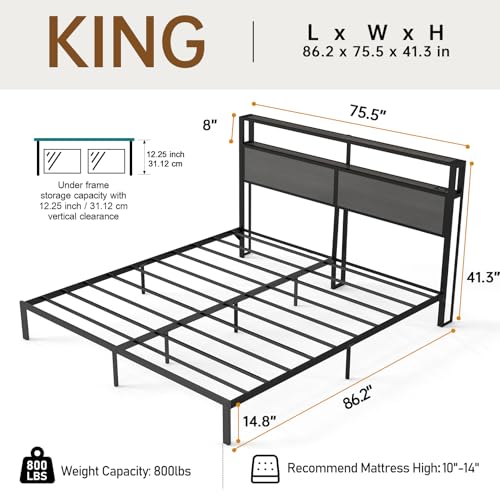 Image of RVONOW King Size Bed Frame with Headboard, Metal Platform Bed Frame with LED Lights & Charging Station, Under Bed Storage, Solid and Stable, No Box Spring Needed, Noise Free, Easy Assembly, Dark Grey