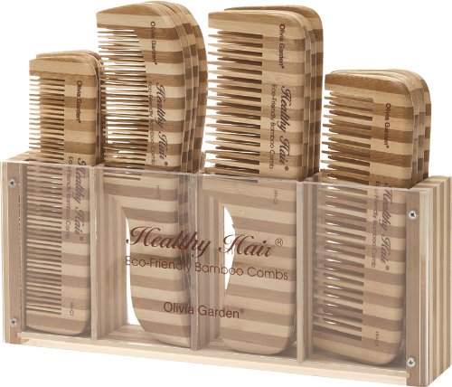 Olivia Garden Healthy Hair Bamboo Comb Display, 16 Pieces (4x4 Different Combs) - Eco-Friendly Wooden Haircombs