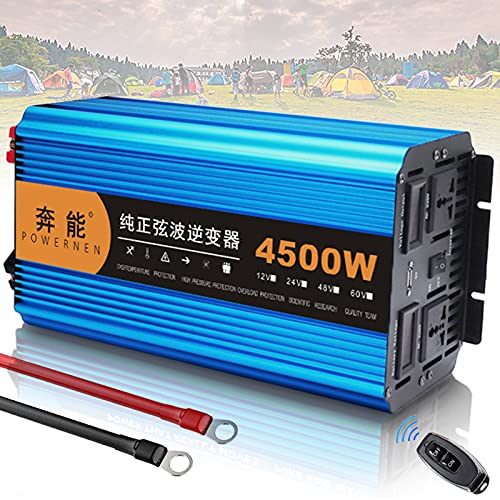 Inversor Onda Pura,Inversor De Corriente Onda Sinusoidal Pura,Convertidor DC 12v 24v a AC 220v,con Tomas Y USB,Mando a Distancia Inalámbrico,Pantalla Digital,para Notebook,Camping,4500W-12V