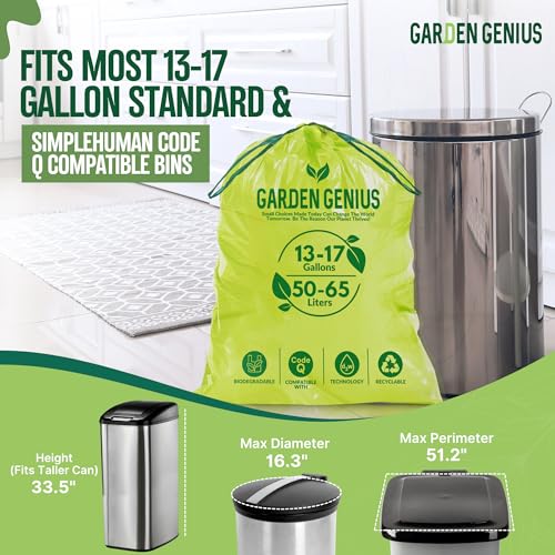 Image of Biodegradable 13-17 Gallon Code-Q Trash Bags (50 Pack) | Strong Heavy-Duty Tall Green Kitchen Bags w /Drawstring | Fits Simplehuman & Standard Cans | Eco-Friendly D2W, 30 Micron Thick | 25.6 inch x 33.5 inch