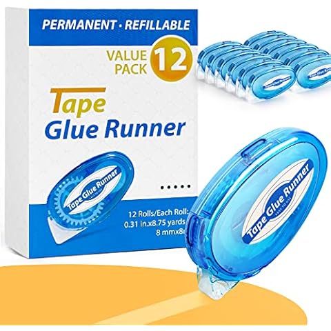 12 Pack Double Sided Tape Roller, 8mm x 315 Inch Permanent Adhesive Scrapbook Tape Dispenser Runner, Glue Tape Roller for Scrapbooking, Crafts and Arts Projects, Photo-Safe, Smooth & Clean Cover