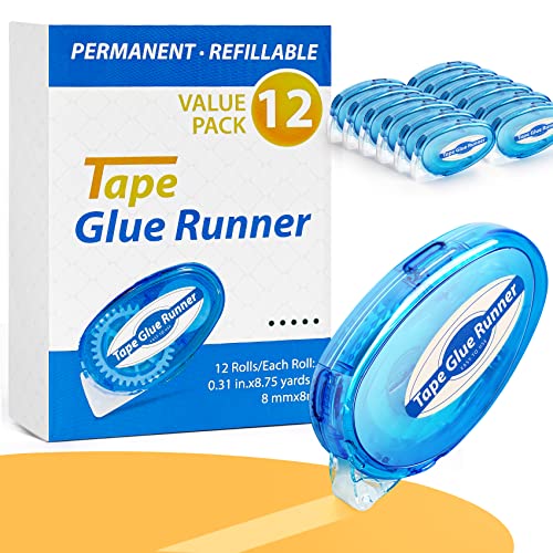 12 Pack Double Sided Tape Roller, 8mm x 315 Inch Permanent Adhesive Scrapbook Tape Dispenser Runner, Glue Tape Roller for Scrapbooking, Crafts and Arts Projects, Photo-Safe, Smooth & Clean