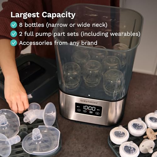 Image of Baby Brezza 10 Minute SuperQuick Bottle Sterilizer + Dryer - Large 8 Bottle Capacity - Steam Sanitization - Universal Fit for All Bottles: Plastic + Glass + Pacifiers + Breast Pump Parts, Stainless