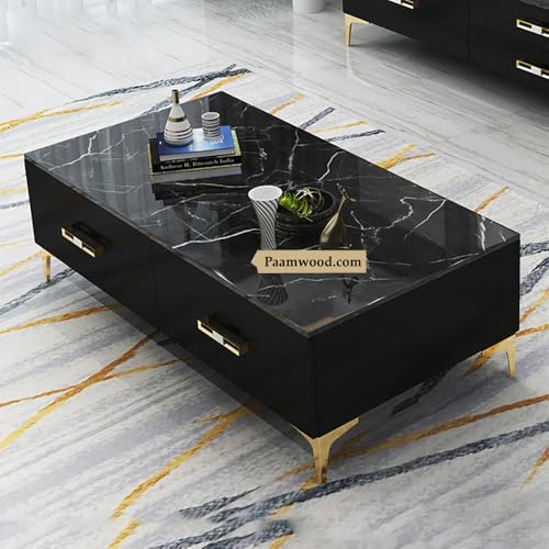 Image of Furo Premium Marble-Top Wooden Center Table for Living Room | PVD Coating Iron Legs| Modern Entryway Furniture | Coffee Table - 42x24x17 Inch (Black)