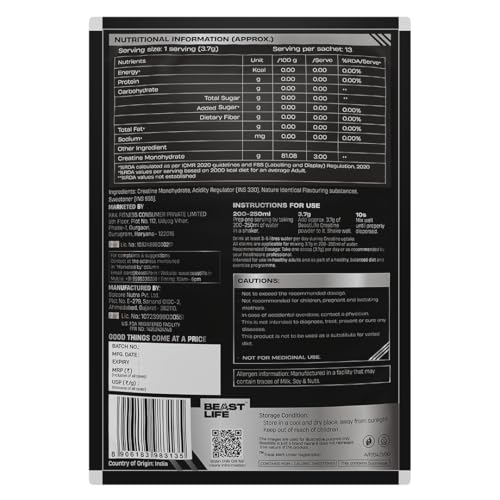 Image of BEASTLIFE Super Micronized Creatine Monohydrate Powder 50g Refill Pack | 13 Servings Litchi Flavor | NABL Lab Tested | Premium Sports Nutrition for Strength & Performance