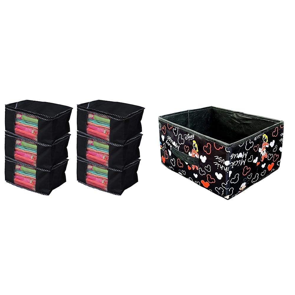 Kuber Industries 6 Piece Non woven Saree Cover Set, Black & Kuber Industries Storage Box|Toy Box Storage For Kids|Foldable Storage Box|Disney Mickey Print|Foldable & Space Saver|Black