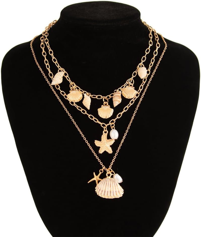 Boho Layered Starfish Conch Shell Necklace for Women, Dainty 14K Gold Seashell Pearl Choker Chain Necklaces Beach Holiday Y2K Jewelry Accessories Gifts - Image 8