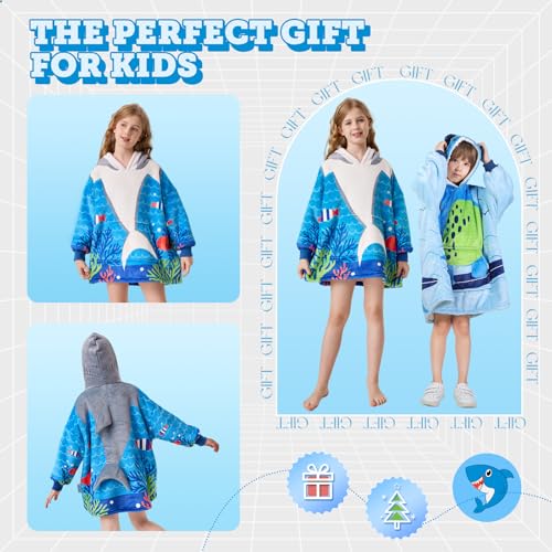 MIZZEO Kids Wearable Blanket Hoodie, Oversized Sherpa Wearable Blanket with Hood Pocket and Sleeves for Toddlers, Cute Hoodies 6-10 Year Old Girls Youth Birthday Gifts (shark)