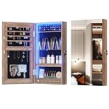 Ylued 3-Colors LED Jewelry Cabinet Organizer with Frameless Mirror, Lockable Wall-Mounted/Over The D