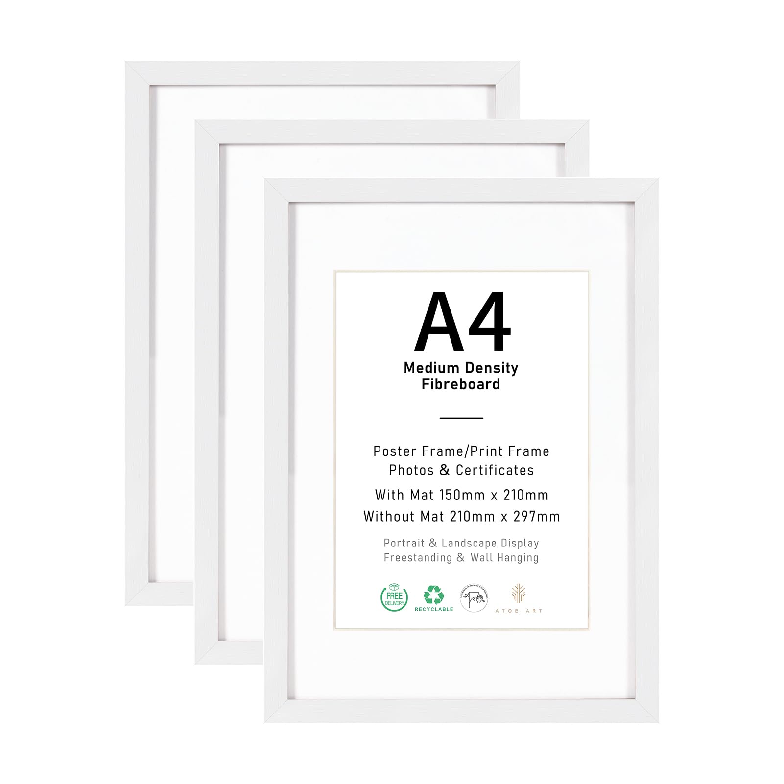 A4 Picture Frame Set of 3, Display 15x21cm with Mat Images, White Natural Wood Photo Frames for Wall Mounting or Table Top Display — image 1