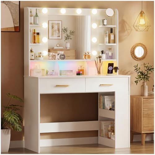 LUCKRACER Vanity Desk with LED Lights Mirror & Charging Station, Makeup Vanity with Storage Drawers...
