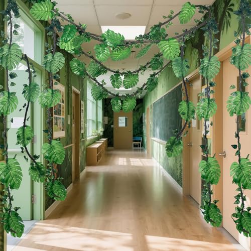 Preboun 27 Pcs Jungle Theme Party Decorations 2 10ft Artificial Rattans 20 Tropical Palm Leaves 5 Ivy Fake Vines Tropical Rainforest Safari Rattan Decorations for Indoor Outdoor Forest Jungle Party