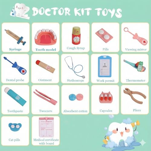 Image of WUDLY Wooden Doctor Set for Kids Gift, Dentist Pretend Play Toy with Working Stethoscope, Thermometer, Dental Model & Carry Bag, Screen-Free Medical kit for Boys & Girls