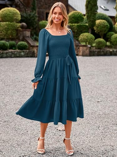 Image of Simplee Womens Long Sleeve Maxi Dress Casual Square Neck Smocked Flowy Fall Wedding Guest Dresses