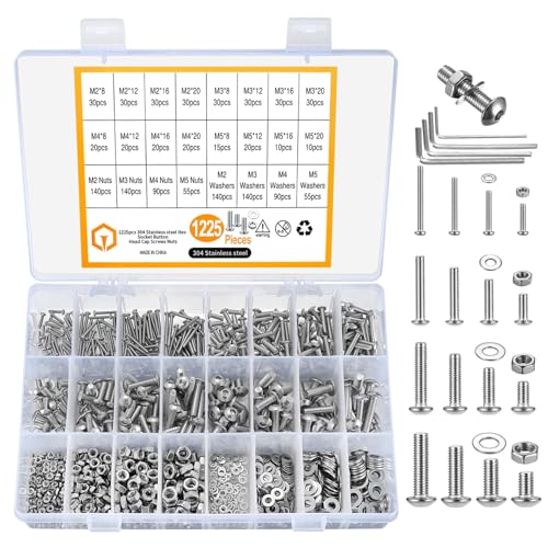 1225pcs M2 M3 M4 M5 Hexagon Socket Screws, Bolts, Nuts, and Washers Assortment Kit, Stainless steel Silver Countersunk Head Threaded Screws, Nuts and Washers Set(1225 silver)