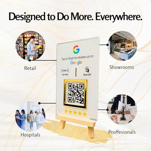 Image of NFC & QR Tap or Scan Feedback Standee for Business - Contactless Link Sharing for Shops, Clinics, Salons, Restaurants - Golden Border - Acrylic Standee