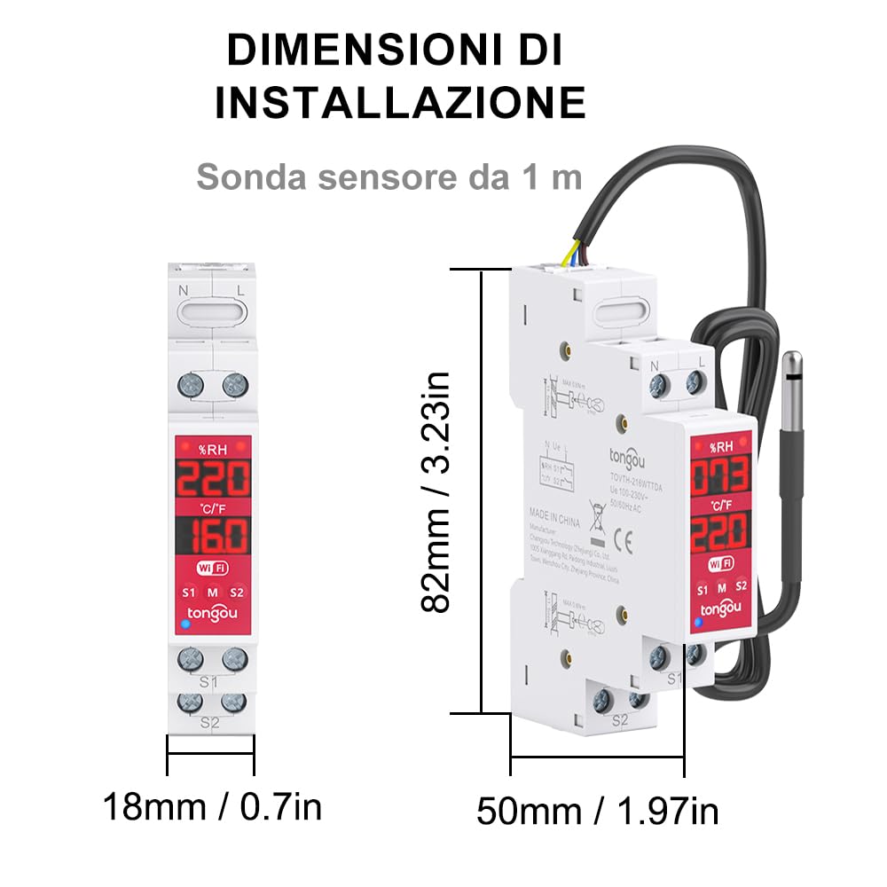TONGOU to-Q-VTH Regolatore di temperatura con sonda,WiFi Termostato Interruttore Collegato 16A Smart Switch Dry Contact