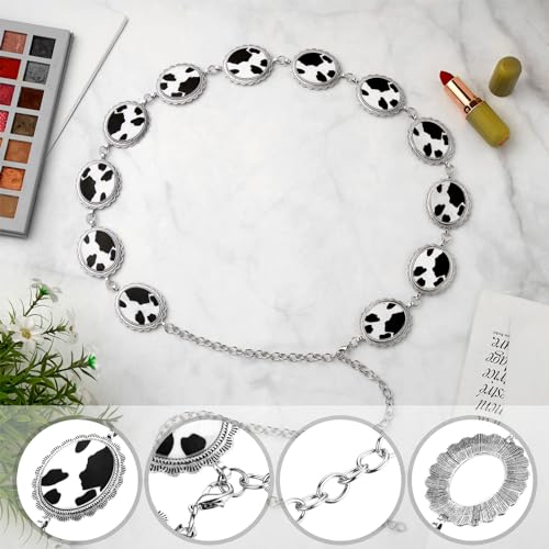 Cow Print Concho Belts Cow Print Concho Chain Belt Rodeo Accessories Oval Adjustable Metal Waist Leather Cowgirl Belt for Women Dress Jeans Short4