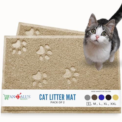 Andalus Small Cat Litter Mat, Pack of 2 - Waterproof, Non-Slip & Easy to Clean Cat Litter Box Mat for Extra Efficient Pet Litter-Trapping, Beige (15.75” X 11.75”)
