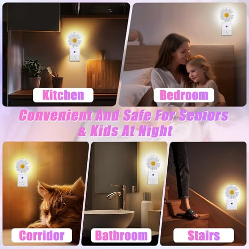 Image of Daisy Night Light Chamomile Night Lights LED Lamp Round Plug into Wall Nightlight with Dusk to Dawn Sensor Home Hallway Stairway Kitchen Decor