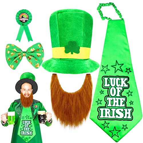 Qpout Día de San Patricio Conjunto de accesorios de ropa Sombrero de trébol de barba Pajarita Pin de solapa Sombrero de duende Adulto Niños Ropa Decoraciones Favores de fiesta
