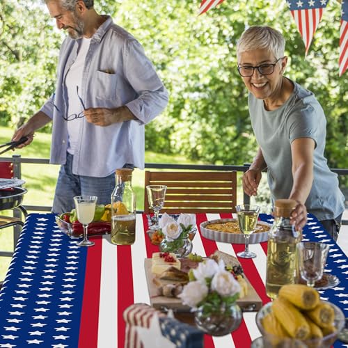 Image of 3 Pack Plastic 4th of July Tablecloths, Patriotic USA Flag Party Supplies | 108 inch X 54 inch 4th of July Decoration, Disposable Red White Blue USA Flag Tablecover, Waterproof Independence Decor for USA Party
