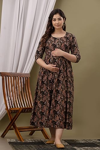 Image of Maternity Feeding Kurti for Women | Cotton Blend Anarkali Dress with Nursing Zip for Pre & Post Pregnancy