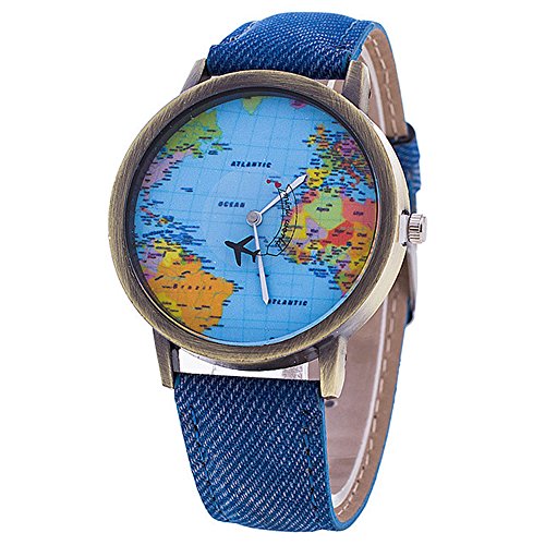 Sanwood Damen-Armbanduhr mit Weltkarten-Zifferblatt, Denim-Stoffband, Blau Cover