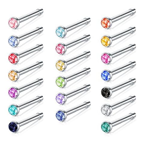 JFORYOU 20 Pcs 18G Nose Studs Pin Set 316L Surgical Steel Nose Pin Nose Stud Nose Bar Nose Bone Cover