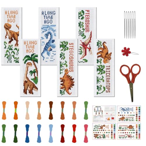 Image of FREEBLOSS 6 Set Cross Stitch Bookmark Kit Cartoon Dinosaur Stamped Cross Stitch Kits for Beginners DIY Embroidery Bookmarks DIY Bookmark Kit for Adults Gift 6 * 20CM