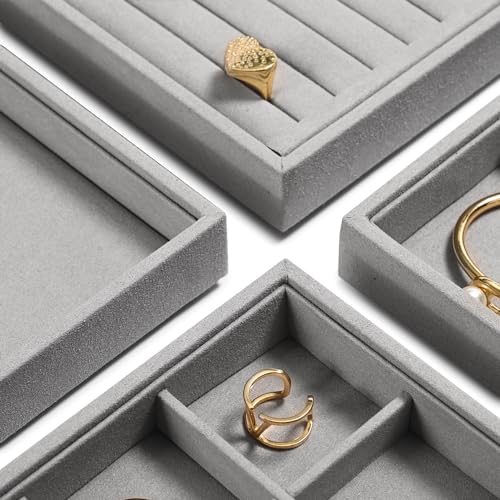 Microfiber Jewelry Tray Stackable Jewelry Organizer Drawer Trays For Necklace Bracelets Watch Perfume Storage Holder (Grey)