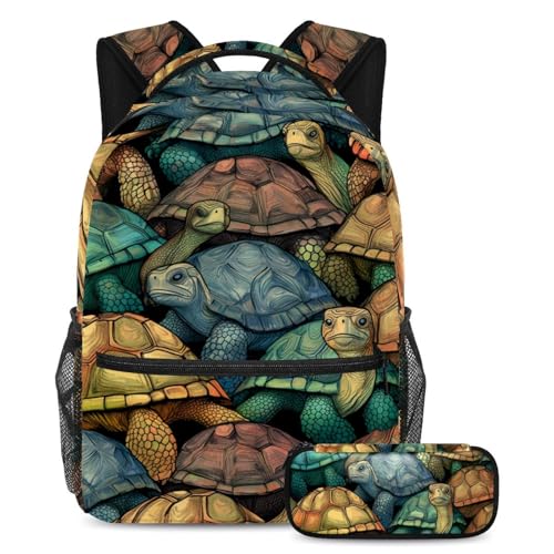 Sac à dos Art Tortues colorées avec trousse assortie pour l'école taille L