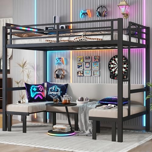 KavlSean Full Over Full Size Bunk Bed Heavy Duty Loft Bed Lower Bunk can be Pulled Out in Three Sections Metal Bunk Bed with Safety Guardrails for Teens Adults Bedroom (Full)