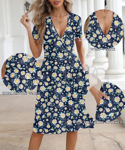 Image of NILOUFO Women's Summer Short Sleeve Casual Dress Wrap V Neck Party Midi Dresses with Pockets