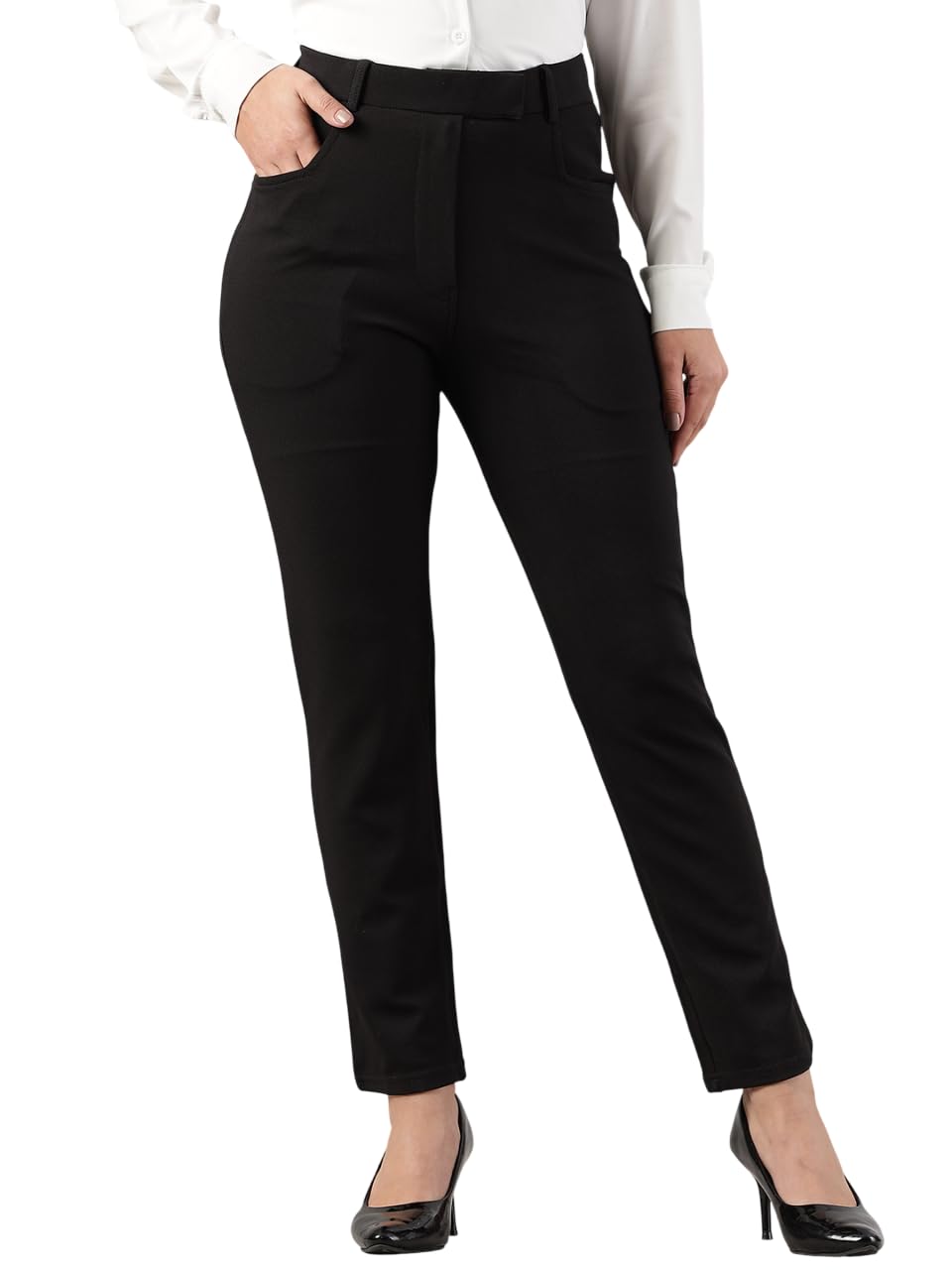 fithub Modern Classic Women's High-Rise Solid Pattern Flat Front Regular Fit Wrinkle-Free Cotton Trousers for Formal Wear-picture-30