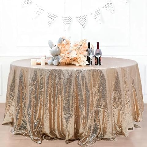 HMQIANG Champagne Sequin Tablecloth 108 inch Round Sparkly Champagne Drape Table Cloth Sequin Fabric Table Cover for Wedding Birthday Party Baby Shower Cover