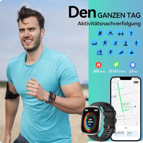 Smartwatch Damen Herren mit Telefonfunktion,1.83" HD Touchscreen Fitnessuhr,IP68 Wasserdicht Fitness Tracker mit Herzfrequenz Schlafmonitor Schrittzähler Uhr,Sportuhr für iOS Android Schwarz – Bild 4