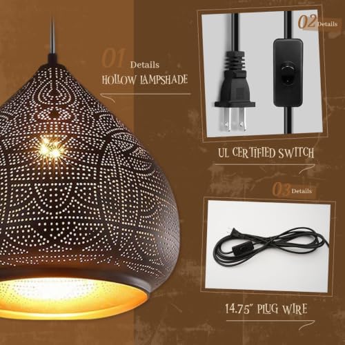 Image of Plug in Pendant Light for Ceiling Black Hanging Light Moroccan Lamp