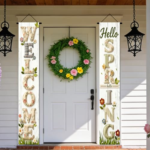 Image of Nuxovilar Welcome Spring Plaid Porch Banners 12x70 Inches Polyester