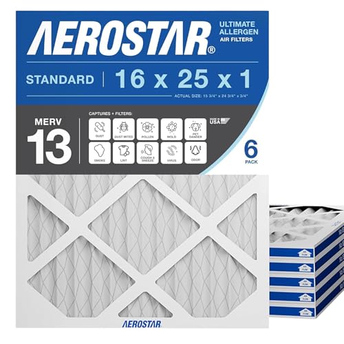 Aerostar 16x25x1 MERV 13 Air Filter, 6 Count, ACTUAL SIZE (15.75 x 24.75 x 0.75), HVAC, Air Conditioning & Furnace Filter for Allergies, Dust, Pet Dander & Smoke (MPR 1500 / FPR 10), Made in USA