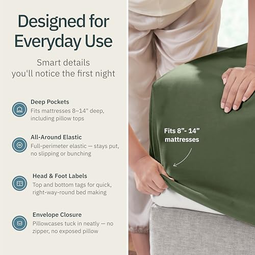 Image of Super Soft 100% Cotton Full Size Sheet Sets, 4 Pc Set, Olive Green | Lightweight & Breathable For Hot Sleepers, 14 inch Deep Pocket, All-Around Elastic, Durable, Easy Care, OekoTex Certified