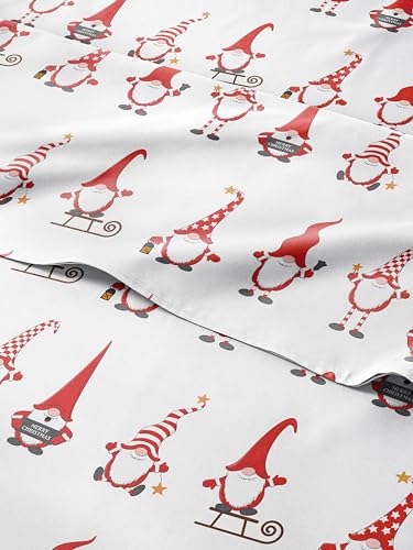 Twin Christmas Holiday Gnomes Red Sheet Set - Holiday Xmas Pattern Bedding Set - Deep Pockets - Snug Fit - 3 Piece - Wrinkle Free - Comfy Festive Winter - Holiday Sheets for Women, Men, Kids & Teens