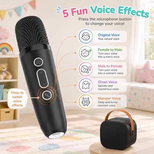 VICTRESS Karaoke Machine for Kids Bluetooth Speaker with 2 Wireless Microphones Voice Effects TF Card Playback Headphone Jack, Portable Mini Singing Toy Gift for Girls Boys Family Party, Black - Image 4