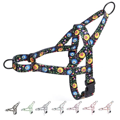 haoyueer No Pull Dog Harness for Small Medium, and Large Pets - Floral Pattern Nylon Safety Training Harness (Black, XS)