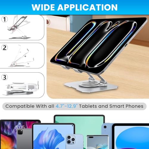 Image of Zibuyu Tablet Stand, Adjustable Height, 360 Rotatable Base, Foldable Metal Tablet Stand for Table, Universal Desk Tablet Dock, Supports Up to 12'', Silver