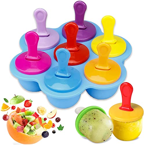 Ice Lolly Moulds, 7 Cavities Silicone Ice Lolly Moulds with Plastic Sticks, Reusable Popsicle Moulds and Storage Container for Homemade Food, Kids Ice Cream DIY Ice Pop Molds BPA Free (Blue)