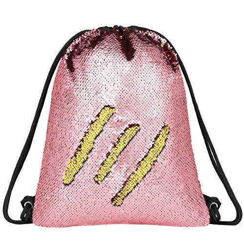Deeplive Mochila con cordón de Sirena y Lentejuelas Reversibles, Bolsa de Baile, Escuela, Deportes al Aire Libre, para niñas, Mujeres y niños, GoldPink