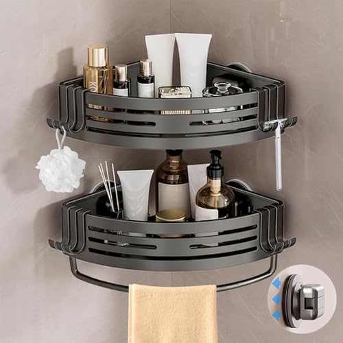 Lista de Estantes para ducha comprados en linea. 48 LUMEZING Estante de Ducha Esquinero Baño con Ventosas y Toallero, Organizador de Regadera, Porta Shampoo Antióxido Extraíble sin Taladrar (aluminio, paquete de 2, gris pistola)
